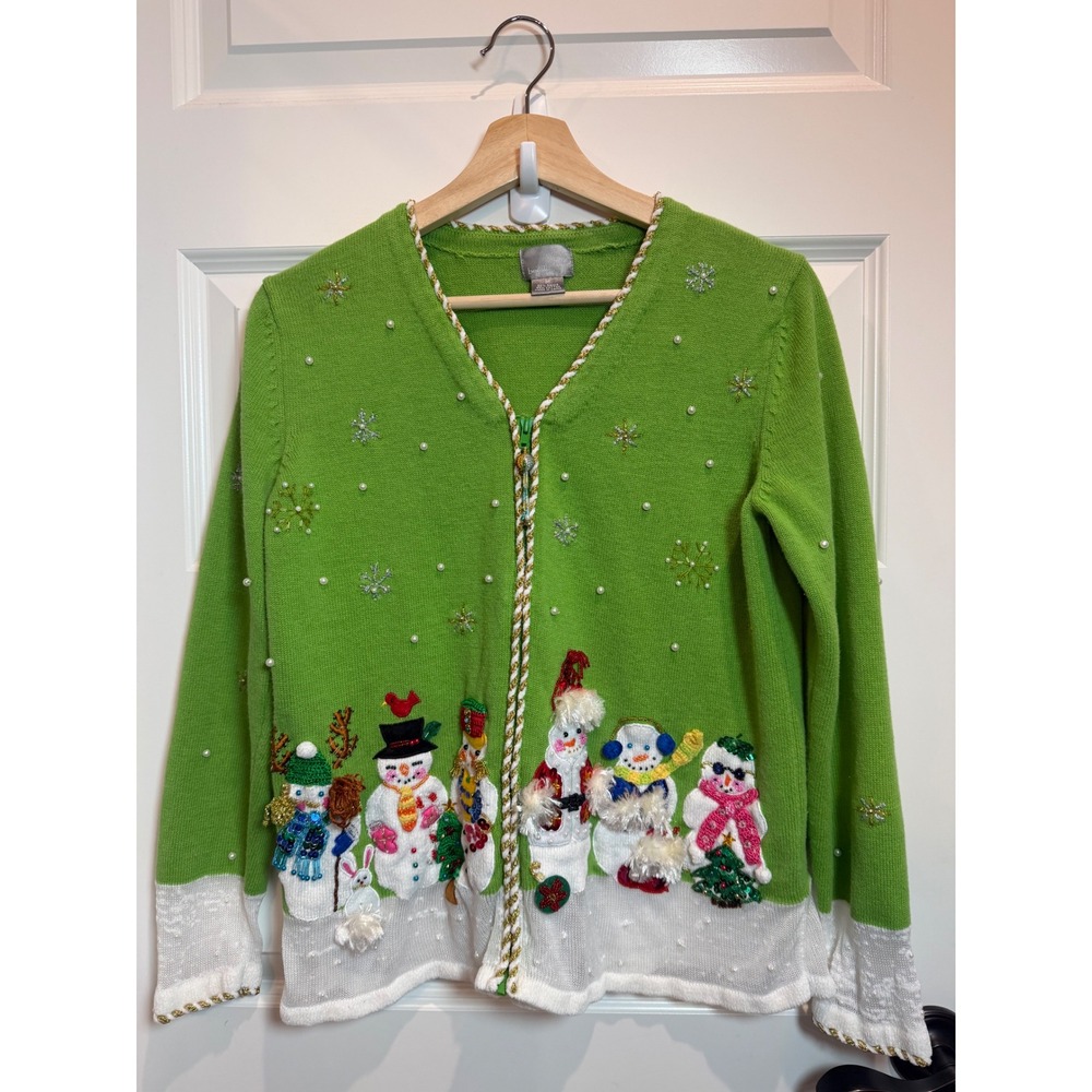 Berek Womens Green Snowman Embellished Zip Up Holiday Christmas Sweater Medium